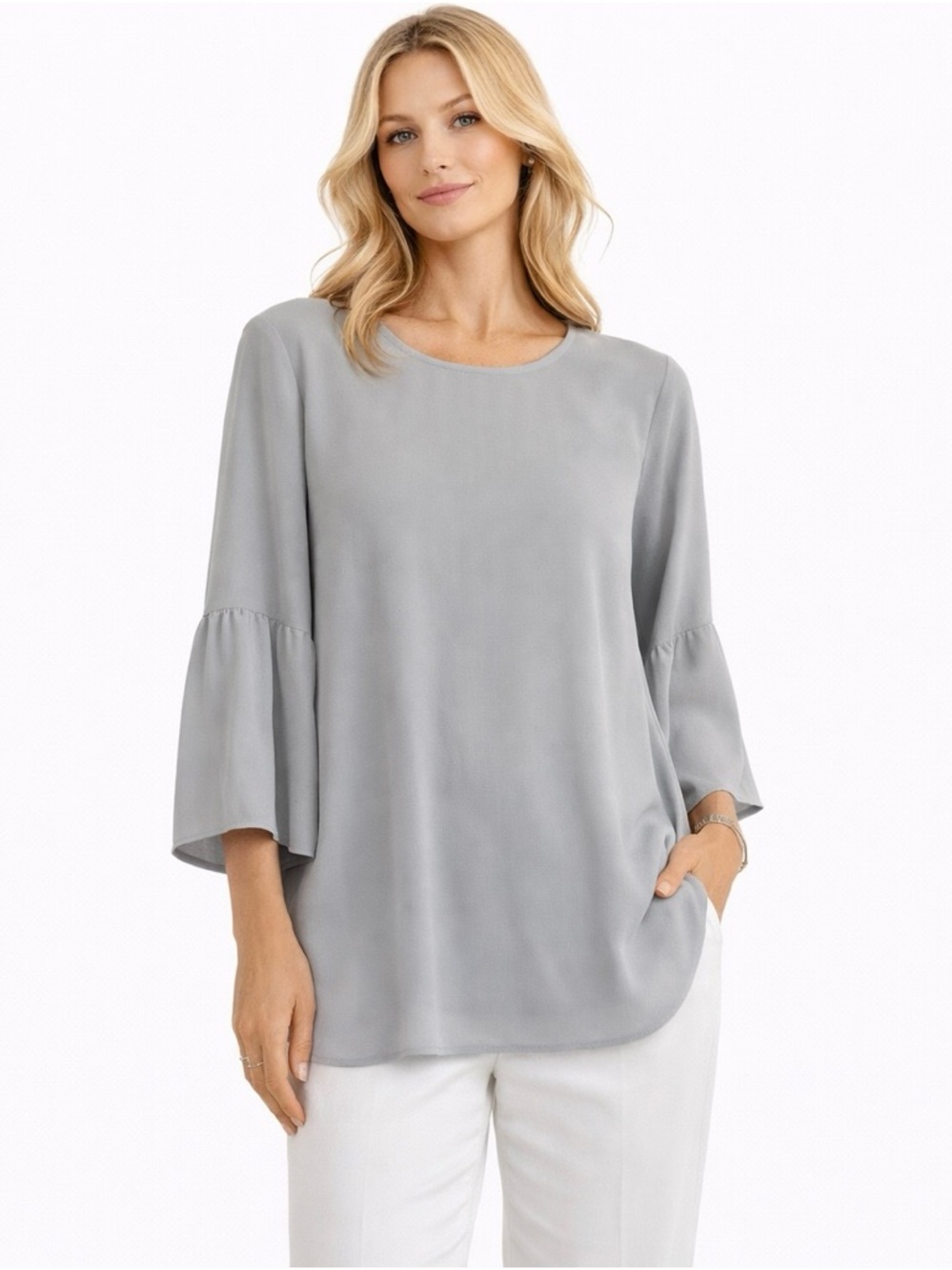 EILEEN FISHER Georgette Crepe Top M 100% Silk Bell Sleeve Tunic Minimalist